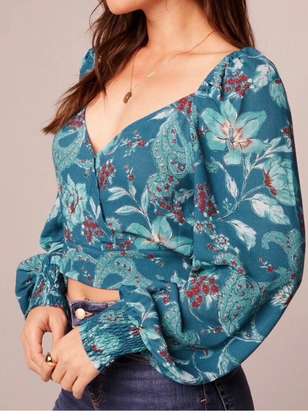 NWT Band of the Free Sybille Teal Floral Wrap Crop Top Medium Boho Blouse
